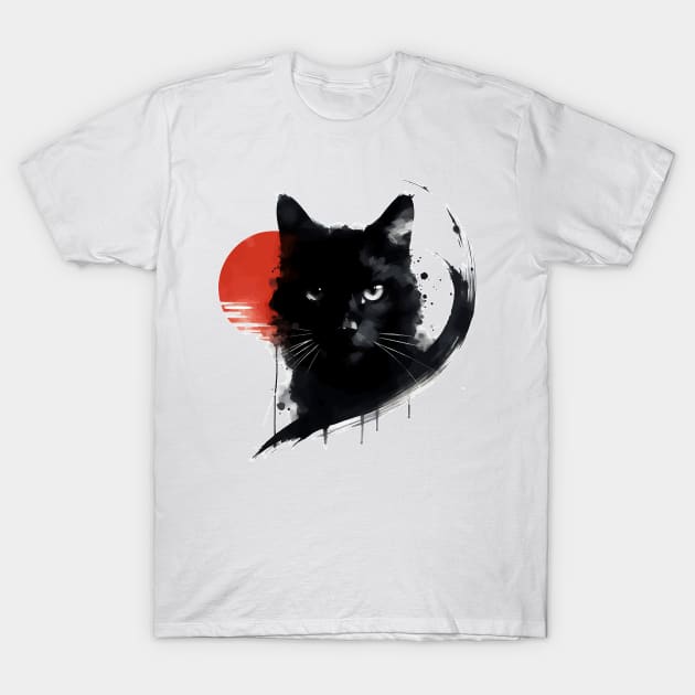 Sumie Art Japanese Brushstroke Black Cat Red Sun T-Shirt by TomFrontierArt